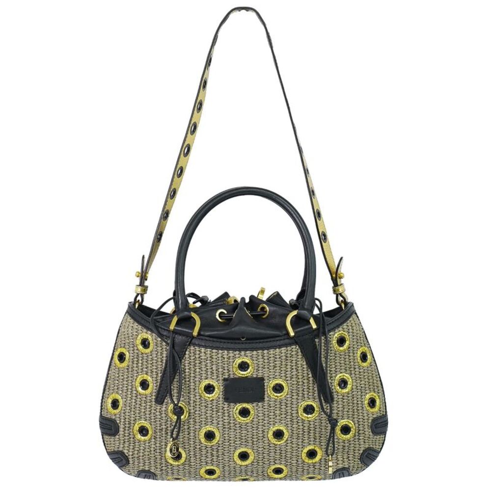 Fendi B. Fab Convertible Tote Grommet Embellished Raffia Beige Leather Handbag